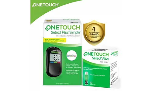 OneTouch Select Plus Simple Glucometer (Free 10 strips + Lancing Device + 10 Lancets)